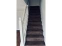 Carpeted staircase with white painted banister and railing at 3095 Rainbow Dr, Decatur, GA 30034