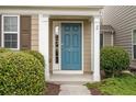 Close-up of the stylish blue front door with decorative sidelights and lush landscaping at 271 Balaban Cir, Woodstock, GA 30188