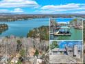 Aerial view of a lakeside home with a private dock, surrounded by lush trees and glistening water at 2715 Brook Valley Dr, Cumming, GA 30041