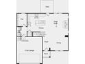 Layout of the first-floor showcasing the kitchen, great room, dining area, flex space, and garage at 236 Groveton Ct, Euharlee, GA 30145