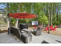 Outdoor patio complete with comfortable seating, an umbrella, and a projector screen at 3034 Bristlewood Nw Ln, Marietta, GA 30064