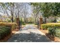 Long, private driveway leading to the property, lined with lush greenery and brick pillars at 3847 Sweet Bottom Dr, Duluth, GA 30096
