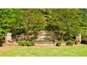 Beautiful Wildwood stone entrance featuring lush landscaping and established trees at 13567 Tolstoy Drive, Covington, GA 30014