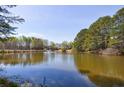 Tranquil lake view with a distant fountain surrounded by trees and lush landscape under a clear sky at 3314 Islesworth Trce, Duluth, GA 30097