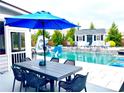 Outdoor dining area overlooking a stunning pool with a slide and a beautifully landscaped backyard at 526 Rosemont Ave, Canton, GA 30115