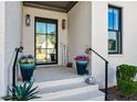 Inviting front porch with stylish planters and a glass-paneled front door entrance at 109 Owens Mill Pl, Canton, GA 30115