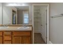 Bathroom featuring a double sink vanity, a large mirror and a walk-in closet with shelving at 1124 Lawton Sw Pl, Atlanta, GA 30310