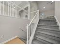 Carpeted staircase with white railings leads to the upper level at 1160 Chateau Ter, Mcdonough, GA 30253