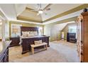 Spacious main bedroom featuring a tray ceiling, neutral carpet, and large windows for natural light at 4030 Gold Mill Rdg, Canton, GA 30114
