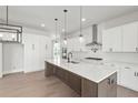 Modern kitchen with white cabinets, stainless steel appliances, pendant lighting, and large island at 6470 Pond View Dr, Cumming, GA 30028