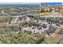 Aerial view of residential neighborhood with mature trees and well-maintained homes and inset of home exterior at 2323 Council Ln, Buford, GA 30519