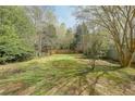 Expansive backyard with lush green grass, mature trees, and a partially fenced perimeter at 1050 Dunedin Trl, Woodstock, GA 30188