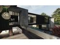 Modern home featuring outdoor seating area with sleek furniture, complemented by a long reflecting pool and unique decor at 2413 Spalding Dr, Atlanta, GA 30350