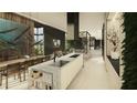 Open-concept kitchen with sleek countertops, modern appliances, and an adjacent dining area with stylish lighting fixtures at 2413 Spalding Dr, Atlanta, GA 30350
