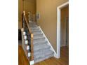 Carpeted staircase featuring decorative metal balusters and hardwood floors, connecting multiple levels of the home at 560 Hunt River Way, Suwanee, GA 30024