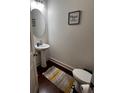 Bathroom with pedestal sink, round mirror, and decorative rug at 61 N Auburn Landing Pl, Auburn, GA 30011