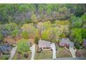 Stunning aerial view of a brick home nestled amongst lush trees with a long driveway and well manicured lawn at 1343 Riverview Run Ln, Suwanee, GA 30024
