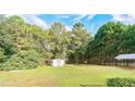Large backyard featuring a storage shed, expansive lawn, and mature trees providing privacy at 4014 Ivy Trace Ln, Ellenwood, GA 30294