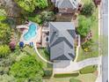 An aerial shot of a home showcases a private pool, deck, and landscaped backyard at 9250 Nesbit Lakes Dr, Alpharetta, GA 30022