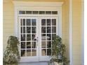 A close-up of elegant, white, double front doors with glass panes, flanked by potted plants, framed by white trim at 225 Mountain Vista Blvd, Canton, GA 30115