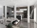 Open-concept living area with sleek marble floors, modern furniture, and a stylish kitchen in the background at 1068 Buckner Se Rd, Mableton, GA 30126