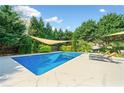 A backyard pool with lounge chairs and a sunshade surrounded by lush greenery at 3919 Evans Rd, Cumming, GA 30040