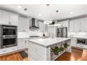 Bright, modern kitchen boasts white cabinetry, stainless steel appliances, and a large center island with hanging planters at 501 Blackberry Ln, Canton, GA 30115