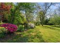 Lush backyard with flowering bushes, mature trees, and a small wooden bridge at 313 Ellenwood Dr, Bowdon, GA 30108