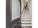Interior shot of the stairs inside a home; the stairs are modern with wooden rails at 3533 Settlement Rd, Tucker, GA 30084