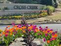 Beautiful Cross Creek community entrance featuring colorful tulips, seasonal plants, and decorative rocks at 173 Amherst Nw Pl, Atlanta, GA 30327