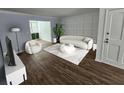 Bright and airy living room with hardwood floors, modern furniture, and stylish geometric area rug at 173 Amherst Nw Pl, Atlanta, GA 30327