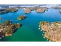 Beautiful aerial view of lake with clear blue water and green forested islands at 6337 Ansel Ct, Buford, GA 30518