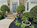 Inviting front entrance with stone steps, manicured plants, and decorative water feature at 10355 Oxford Mill Cir, Johns Creek, GA 30022