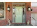 Close-up of the front door showcasing sidelights, transom window and decorative lion statues at 1061 Arbor Ne Trce, Atlanta, GA 30319