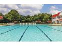 Large community pool with marked lanes, surrounded by lounge chairs and mature trees at 663 Egrets Landing Lot #55, Covington, GA 30014