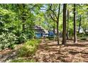 View of the blue house from a wooded area highlighting its natural surroundings at 1326 Janmar Rd, Snellville, GA 30078