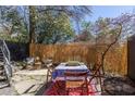 Cozy outdoor patio with table, chairs, rug, privacy screen, and mature trees at 195 Arizona Ne Ave # 203, Atlanta, GA 30307