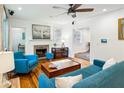 Bright living room with hardwood floors, fireplace, and stylish blue furniture at 1248 Conway Rd, Decatur, GA 30030