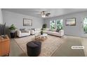 Bright living room with neutral walls, ceiling fan, modern furniture, and large windows at 325 Freeman Cir, Villa Rica, GA 30180