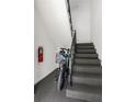 Carpeted staircase with metal railing, a bicycle, and a red fire extinguisher at 542 Goldsboro Ne Rd # C, Atlanta, GA 30307