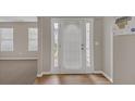Bright entryway featuring a white front door with sidelights, leading to a carpeted living area with natural light at 2640 Thunder Basin Way, Douglasville, GA 30135