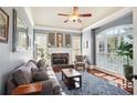 Cozy living room features a fireplace, comfortable seating, and natural light from large windows at 3704 Wilkins Cir, Powder Springs, GA 30127