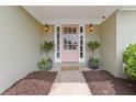 Inviting entryway with a stylish pink front door, flanked by potted plants, and warm lighting, creating a welcoming ambiance at 1970 Glen Eves Dr, Roswell, GA 30076