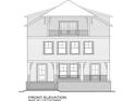 Detailed front elevation blueprint showing a three story house with balconies and brick foundation at 135 Alcovy Ter, Alpharetta, GA 30009