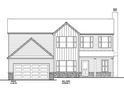Architectural drawing of two-story home featuring a two car garage, front porch, and double hung windows at 488 Charleston Pl, Villa Rica, GA 30180