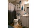 Cozy bathroom with decorative shower curtain, white cabinets and fixtures at 6193 Charring Cross Ct, Lithonia, GA 30058