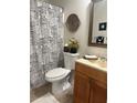 Small bathroom featuring a unique shower curtain, decorative mirror, and neutral vanity at 472 Linda Ln, Powder Springs, GA 30127