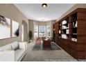 Staged home office showcases built-in bookshelves, natural light, and neutral walls at 4499 Bellemeade Dr, Douglasville, GA 30135