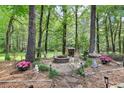 Relaxing backyard area featuring a fire pit, seating, and decorative elements surrounded by mature trees at 989 Pinfeather Ct, Lawrenceville, GA 30043