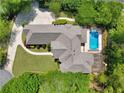 Aerial view featuring a backyard pool, well-maintained roof, and lush greenery at 3590 Fricks Rd, Marietta, GA 30062